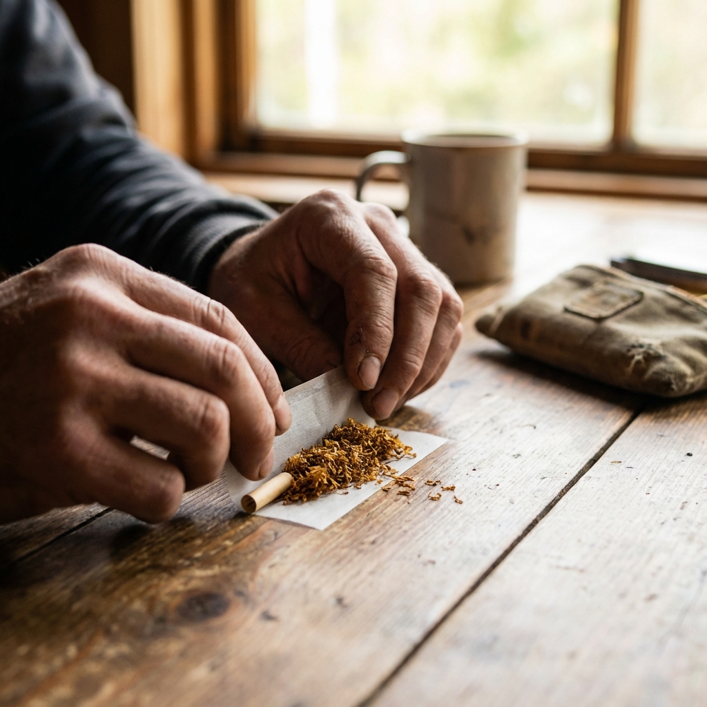 Close-up of hands rolling a handmade cigarette
